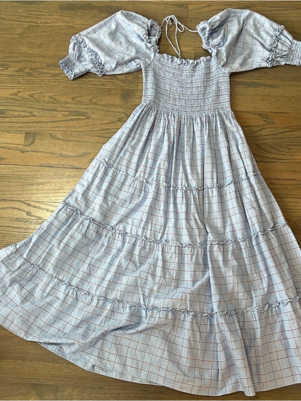 Hill House Nesli Nap Dress Puff Sleeve Square Neck Tiered Plaid Small Coquette - Picture 2 of 8